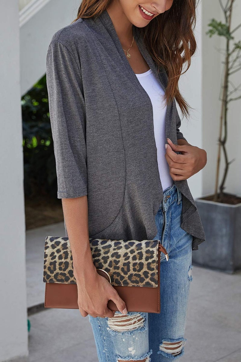 Bluetime Women Casual Lightweight Open Front Cardigans Soft Draped Ruffles 3/4 Sleeve Cardigan (S, Charcoal) - Image 2